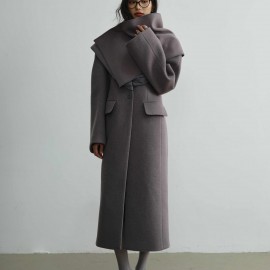 Silk-like Splicing Scarf Woolen Coat